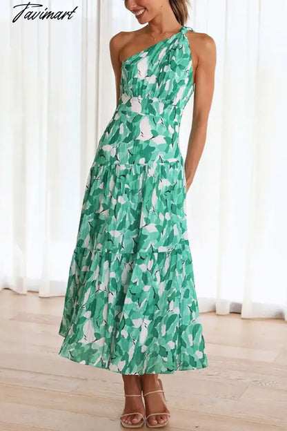 2024 Summer Women's Print Sleeveless Slant Shoulder Long Dress Vestidos Women Clothing