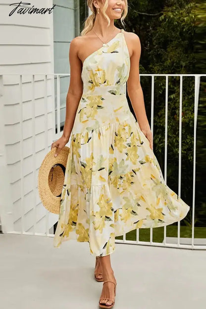 2024 Summer Women's Print Sleeveless Slant Shoulder Long Dress Vestidos Women Clothing