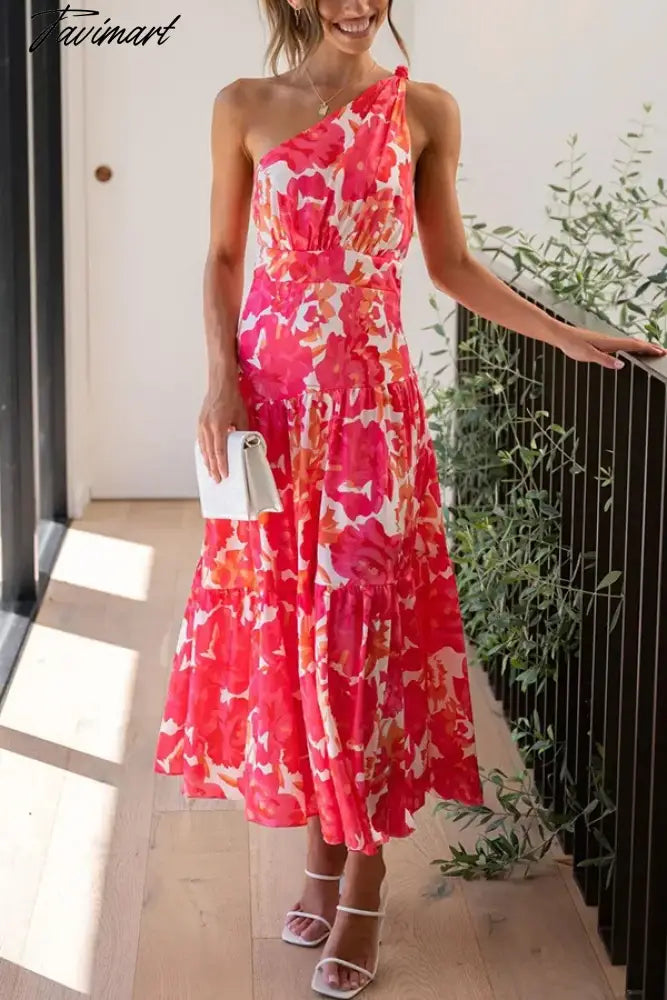 2024 Summer Women's Print Sleeveless Slant Shoulder Long Dress Vestidos Women Clothing