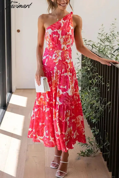 2024 Summer Women's Print Sleeveless Slant Shoulder Long Dress Vestidos Women Clothing