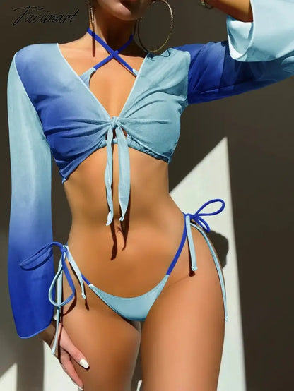 3 Pieces Set Swimsuit Women Sexy Micro Bikini Long Sleeve Top Swimwear Vintage High Waist Solid Bathing Suit Beachwear