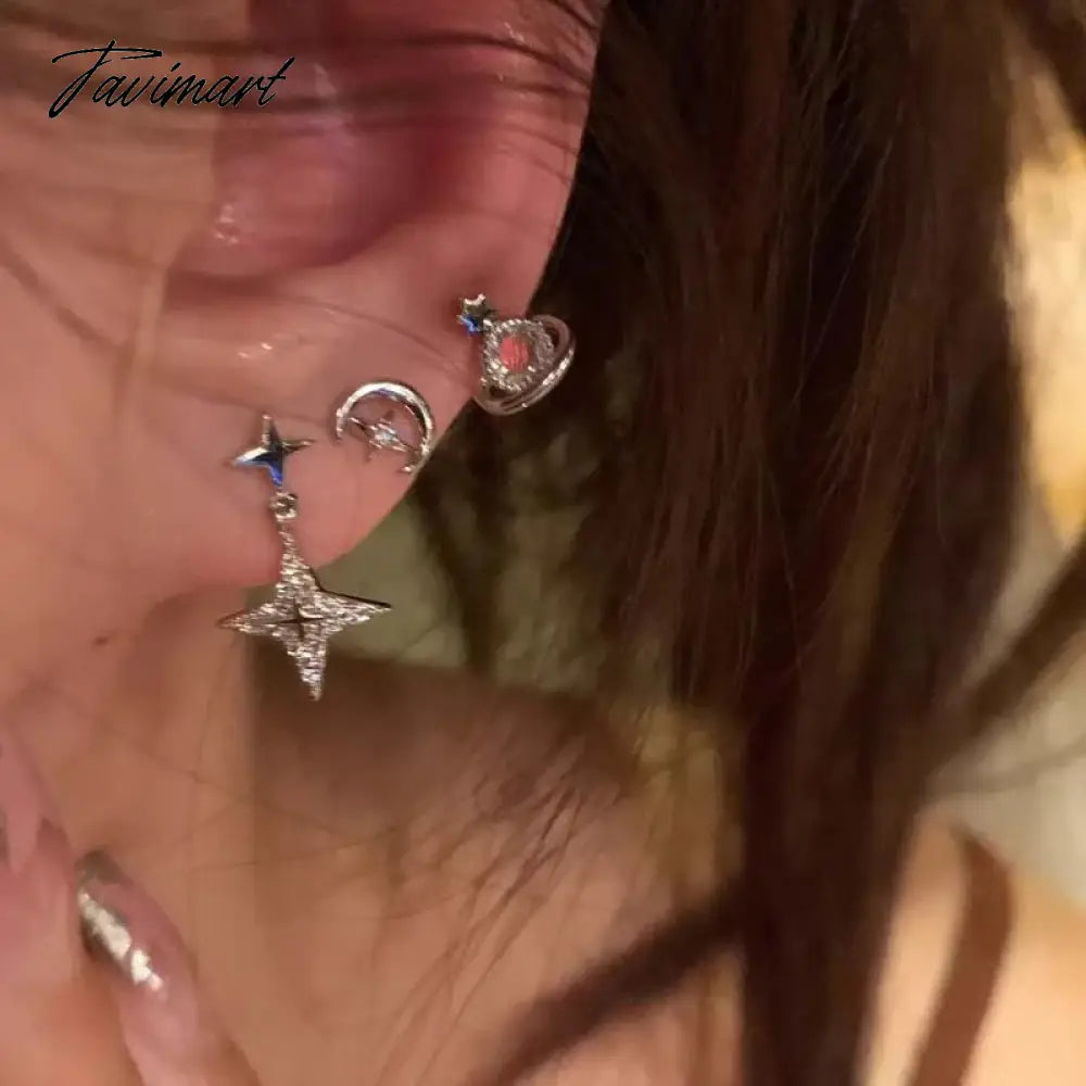 6Pcs/Set Irregular Cross Star Planet Stud Earrings for Women Girls Punk Y2k Aesthetic Shiny Geometric Jewelry Accessories