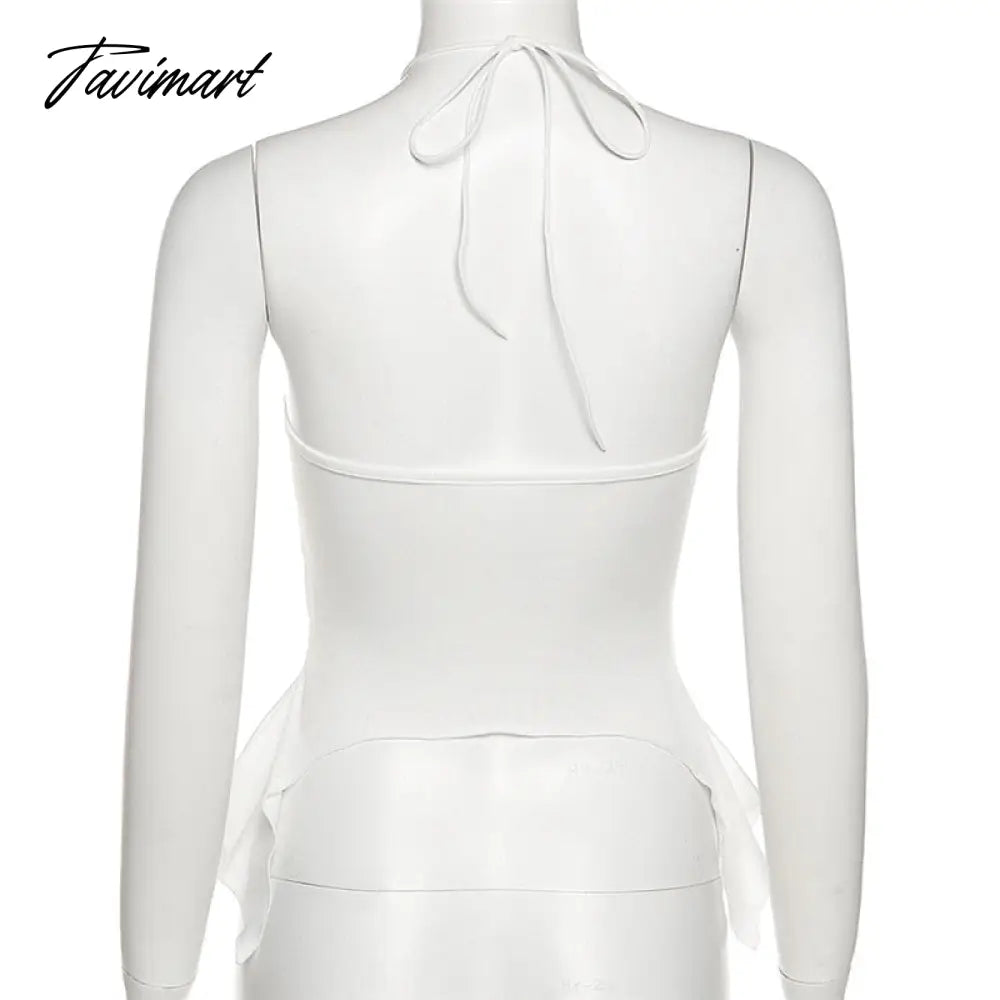 90s Aesthetic Camis Hollow Out Sexy Tie Front Up Ruffles Backless Crop Top Y2K Streetwear Women Mini Vest Tops E-girl