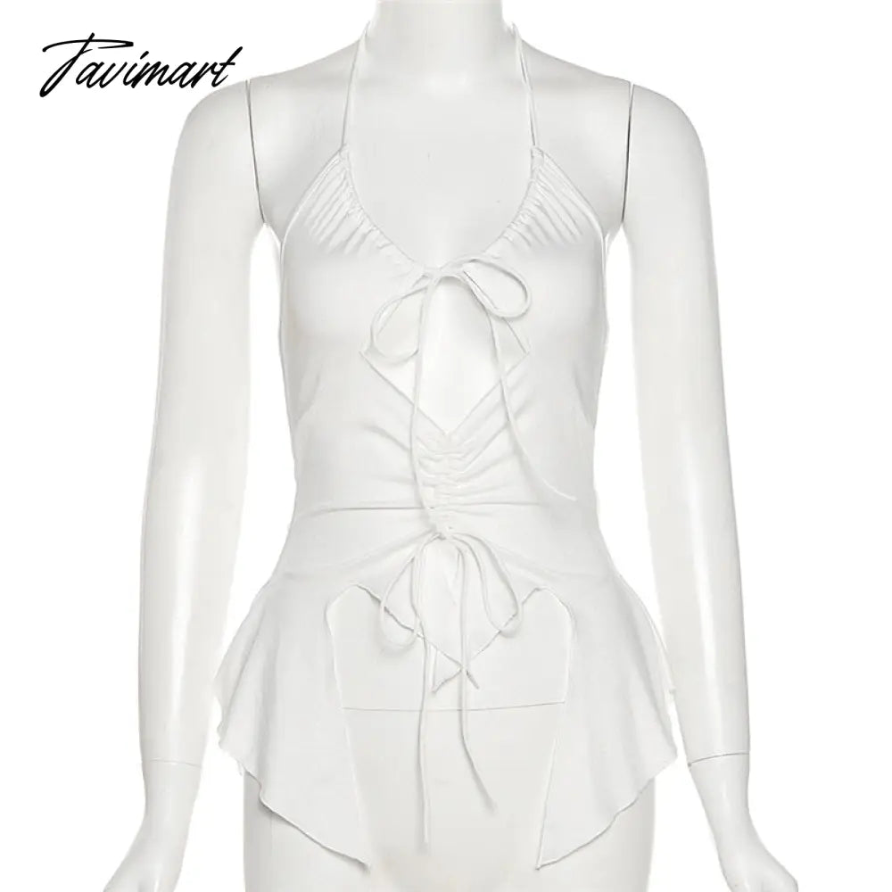90s Aesthetic Camis Hollow Out Sexy Tie Front Up Ruffles Backless Crop Top Y2K Streetwear Women Mini Vest Tops E-girl