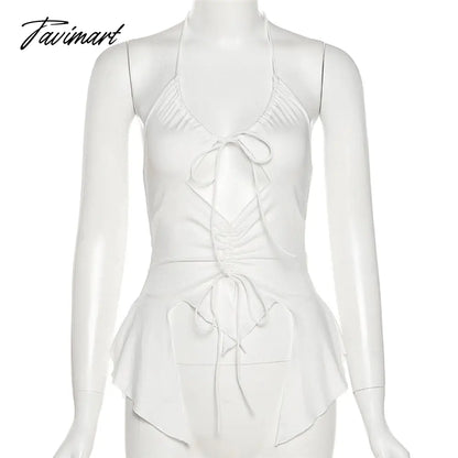 90s Aesthetic Camis Hollow Out Sexy Tie Front Up Ruffles Backless Crop Top Y2K Streetwear Women Mini Vest Tops E-girl