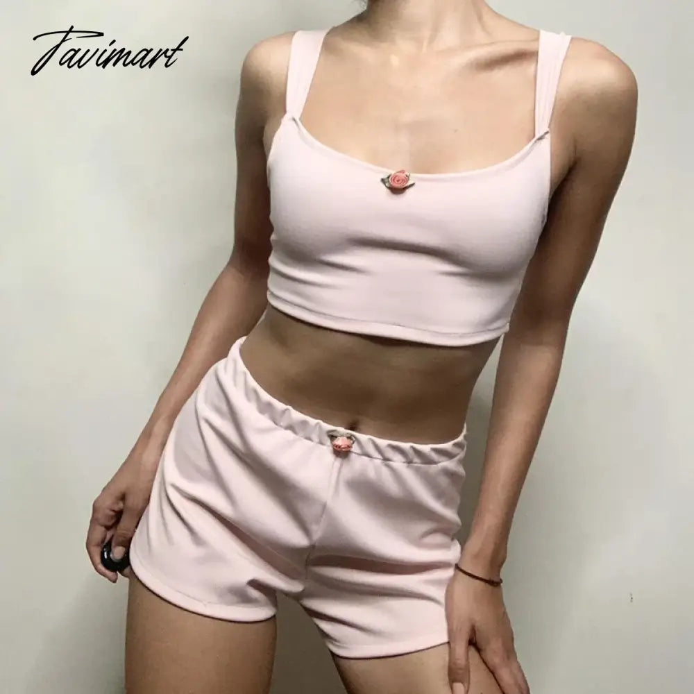 90s Vintage Floral Backless Copped Tops Camisole Vest + Shorts Summer 2 Piece Clothes Set Women Y2K Aesthetics 00s Retro Outfits