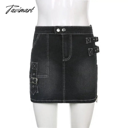 90s Y2K Denim Skirt With Buckle Side Zip Fitted Low Waist Micro Mini Skirt Women EMO Girl Grunge Aesthetic Outfit