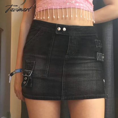 90s Y2K Denim Skirt With Buckle Side Zip Fitted Low Waist Micro Mini Skirt Women EMO Girl Grunge Aesthetic Outfit