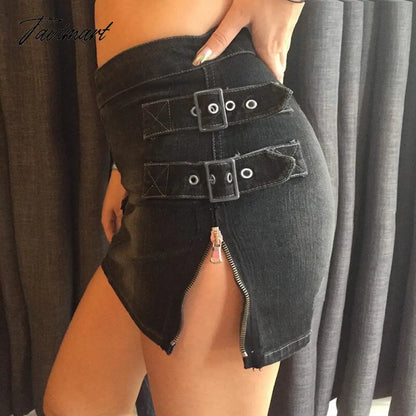 90s Y2K Denim Skirt With Buckle Side Zip Fitted Low Waist Micro Mini Skirt Women EMO Girl Grunge Aesthetic Outfit