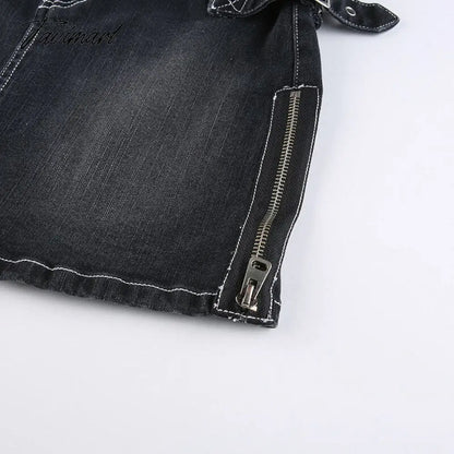 90s Y2K Denim Skirt With Buckle Side Zip Fitted Low Waist Micro Mini Skirt Women EMO Girl Grunge Aesthetic Outfit