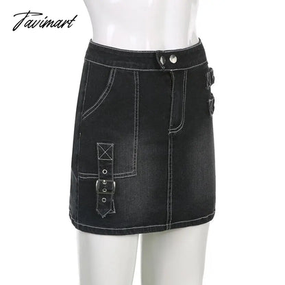 90s Y2K Denim Skirt With Buckle Side Zip Fitted Low Waist Micro Mini Skirt Women EMO Girl Grunge Aesthetic Outfit