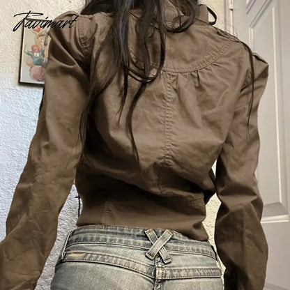 American Retro Brown Turtleneck Zippered Jackets Y2k Fashion Slim Fit Coat Women 2024 Spring New Long Sleeve Tops Mujer