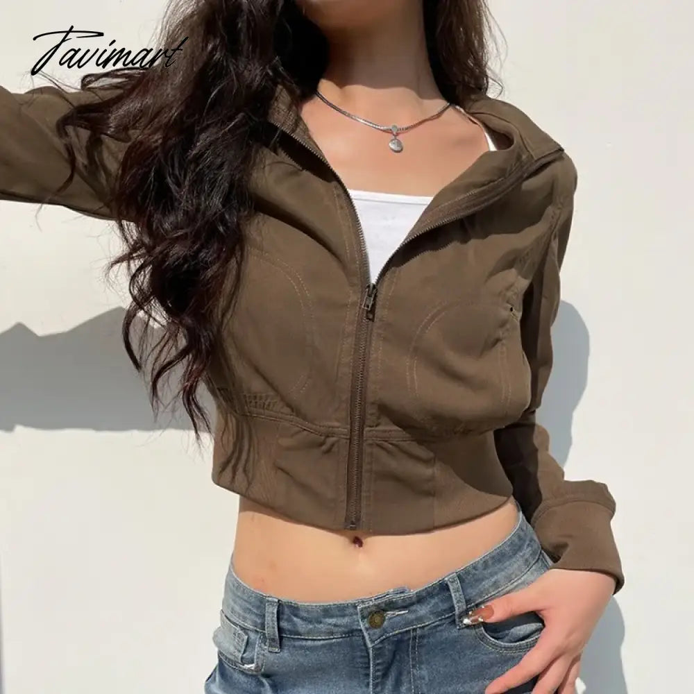 American Retro Brown Turtleneck Zippered Jackets Y2k Fashion Slim Fit Coat Women 2024 Spring New Long Sleeve Tops Mujer