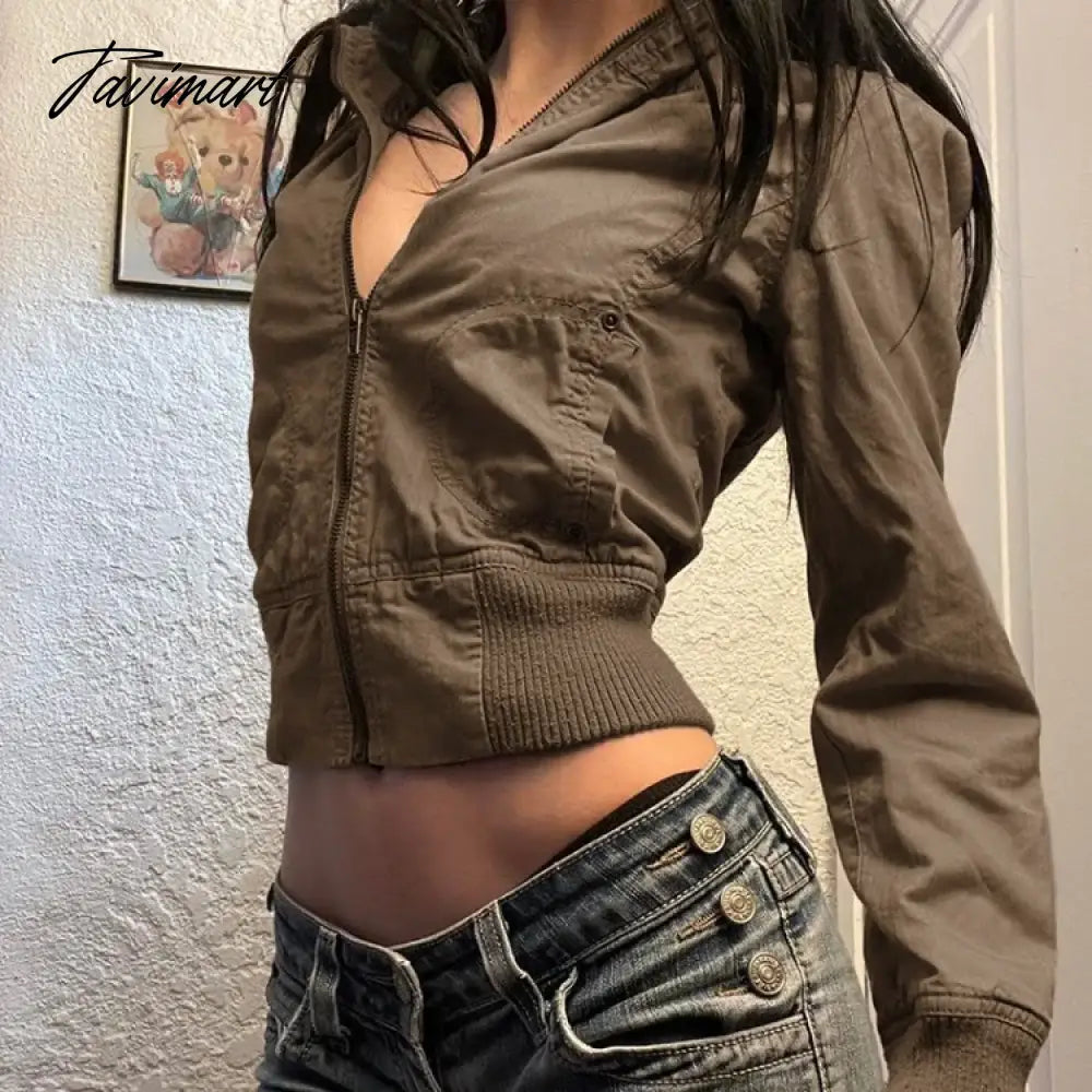 American Retro Brown Turtleneck Zippered Jackets Y2k Fashion Slim Fit Coat Women 2024 Spring New Long Sleeve Tops Mujer