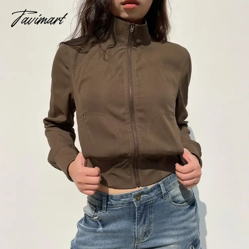 American Retro Brown Turtleneck Zippered Jackets Y2k Fashion Slim Fit Coat Women 2024 Spring New Long Sleeve Tops Mujer