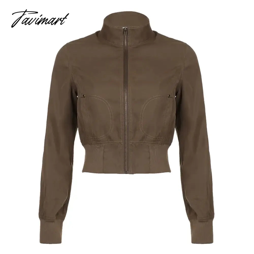 American Retro Brown Turtleneck Zippered Jackets Y2k Fashion Slim Fit Coat Women 2024 Spring New Long Sleeve Tops Mujer