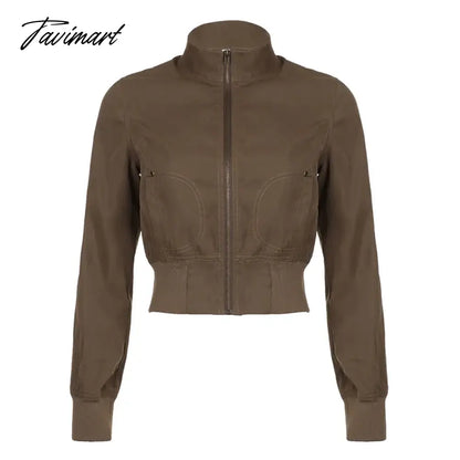 American Retro Brown Turtleneck Zippered Jackets Y2k Fashion Slim Fit Coat Women 2024 Spring New Long Sleeve Tops Mujer