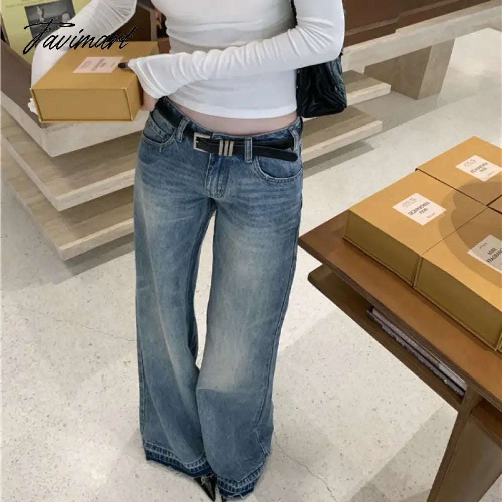 American Retro Rough Selvage Washed Casual Jeans Women 2024 Spring New Low-waisted Loose Distressed Denim Wide Leg Pants
