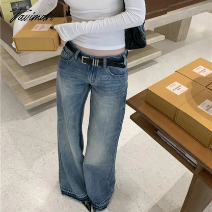 American Retro Rough Selvage Washed Casual Jeans Women 2024 Spring New Low-waisted Loose Distressed Denim Wide Leg Pants