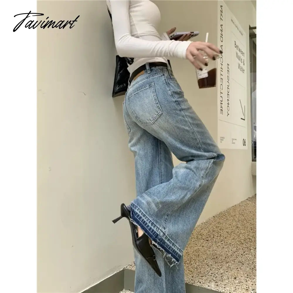 American Retro Rough Selvage Washed Casual Jeans Women 2024 Spring New Low-waisted Loose Distressed Denim Wide Leg Pants
