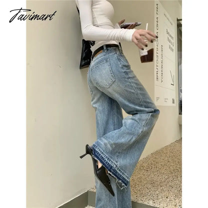 American Retro Rough Selvage Washed Casual Jeans Women 2024 Spring New Low-waisted Loose Distressed Denim Wide Leg Pants