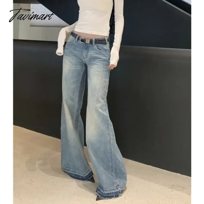 American Retro Rough Selvage Washed Casual Jeans Women 2024 Spring New Low-waisted Loose Distressed Denim Wide Leg Pants