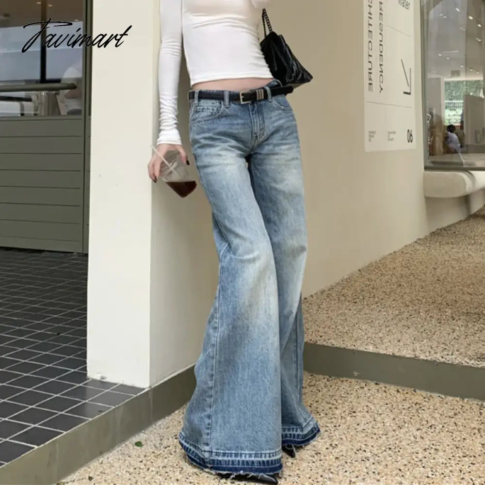 American Retro Rough Selvage Washed Casual Jeans Women 2024 Spring New Low-waisted Loose Distressed Denim Wide Leg Pants