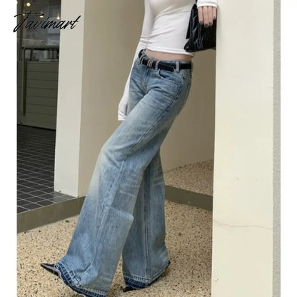 American Retro Rough Selvage Washed Casual Jeans Women 2024 Spring New Low-waisted Loose Distressed Denim Wide Leg Pants