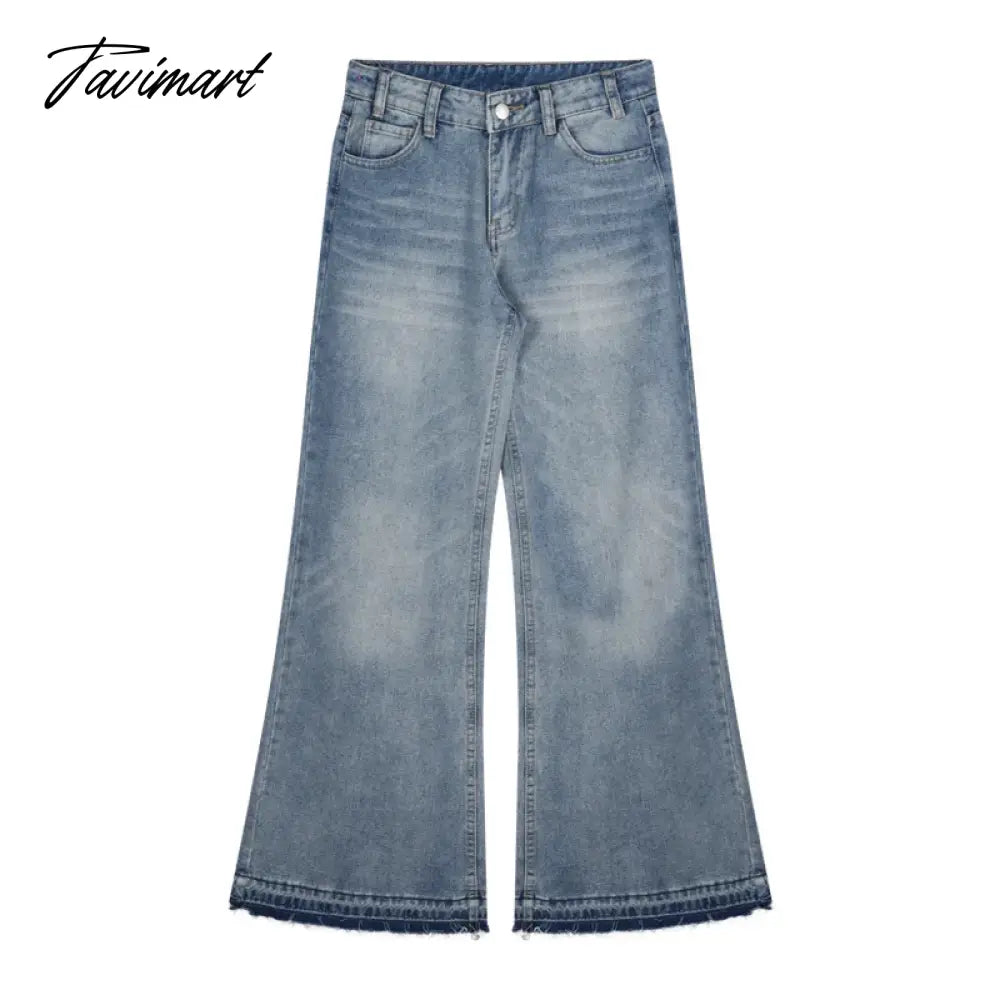American Retro Rough Selvage Washed Casual Jeans Women 2024 Spring New Low-waisted Loose Distressed Denim Wide Leg Pants