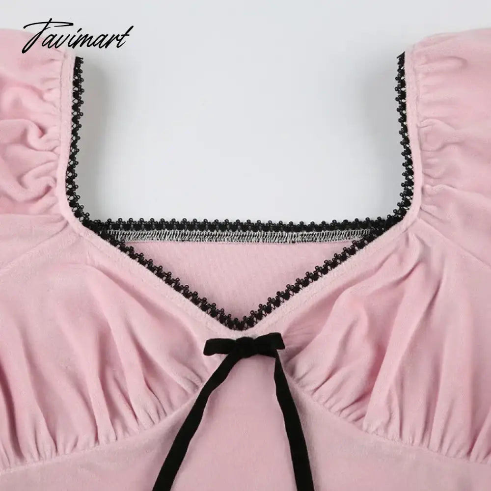 American Sexy V-neck Bow T-shirts Y2k E-Girl Crop Top Slim Fit Lace Pink Tee Shirt 2024 Summer New Short Sleeve Tops Women