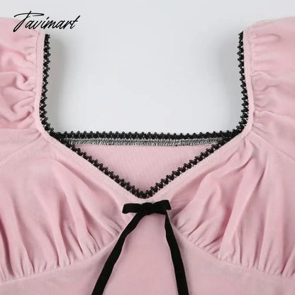 American Sexy V-neck Bow T-shirts Y2k E-Girl Crop Top Slim Fit Lace Pink Tee Shirt 2024 Summer New Short Sleeve Tops Women