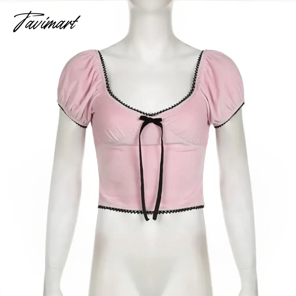 American Sexy V-neck Bow T-shirts Y2k E-Girl Crop Top Slim Fit Lace Pink Tee Shirt 2024 Summer New Short Sleeve Tops Women