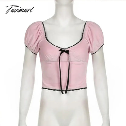American Sexy V-neck Bow T-shirts Y2k E-Girl Crop Top Slim Fit Lace Pink Tee Shirt 2024 Summer New Short Sleeve Tops Women