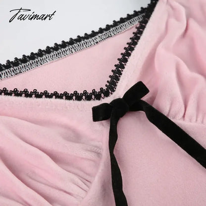 American Sexy V-neck Bow T-shirts Y2k E-Girl Crop Top Slim Fit Lace Pink Tee Shirt 2024 Summer New Short Sleeve Tops Women