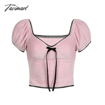 American Sexy V-neck Bow T-shirts Y2k E-Girl Crop Top Slim Fit Lace Pink Tee Shirt 2024 Summer New Short Sleeve Tops Women