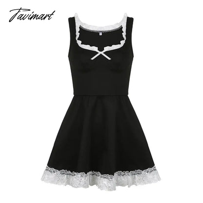 American Vintage Lace Y2k Dress Square Collar Suspender Skirts Female Sexy Bowknot A-line Short Skirt Fashion Vestidos