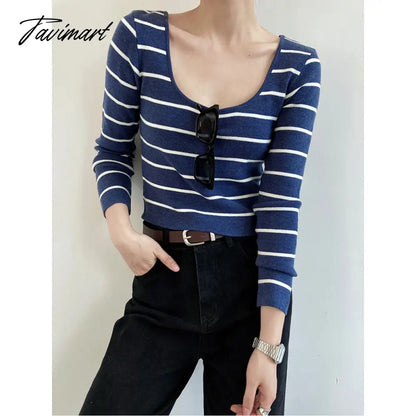 Autumn Big round Neck Striped Women's Short Exposed Collarbone Deep Neckline Slim-Fit Bottoming Shirt Fashion Sexy Sweater