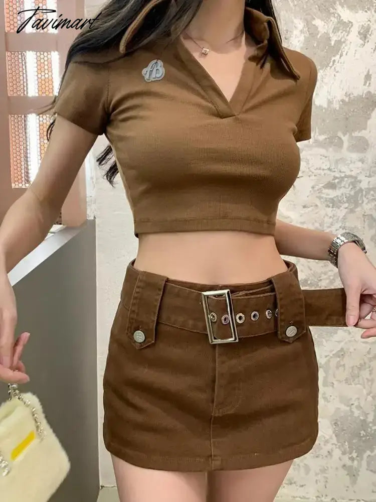 Autumn Brown Sexy Club Trendy Street Pocket Slim Workwear Denim Mini Skirt High Waist A-line Wrapp Hip Short Jean Skirt New