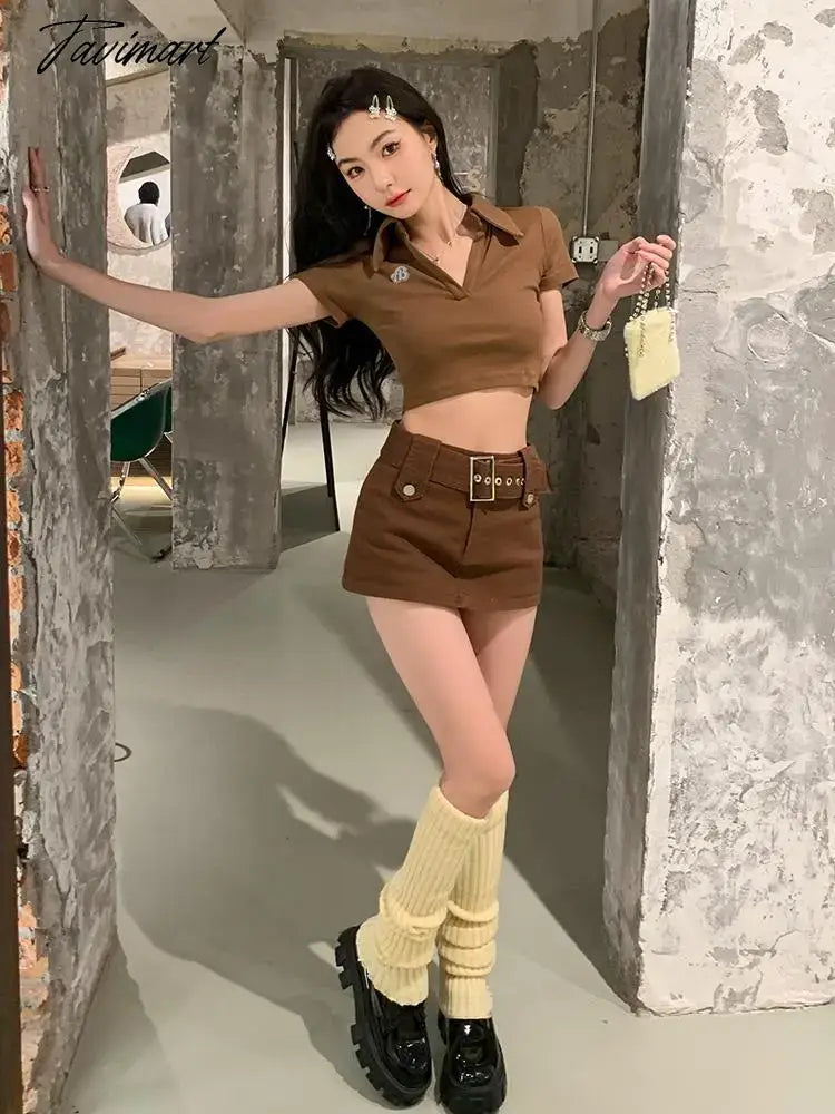 Autumn Brown Sexy Club Trendy Street Pocket Slim Workwear Denim Mini Skirt High Waist A-line Wrapp Hip Short Jean Skirt New