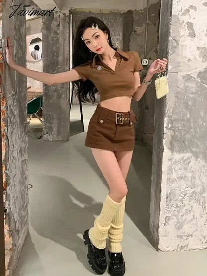 Autumn Brown Sexy Club Trendy Street Pocket Slim Workwear Denim Mini Skirt High Waist A-line Wrapp Hip Short Jean Skirt New