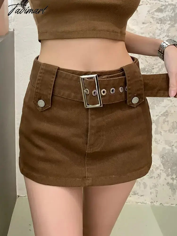 Autumn Brown Sexy Club Trendy Street Pocket Slim Workwear Denim Mini Skirt High Waist A-line Wrapp Hip Short Jean Skirt New