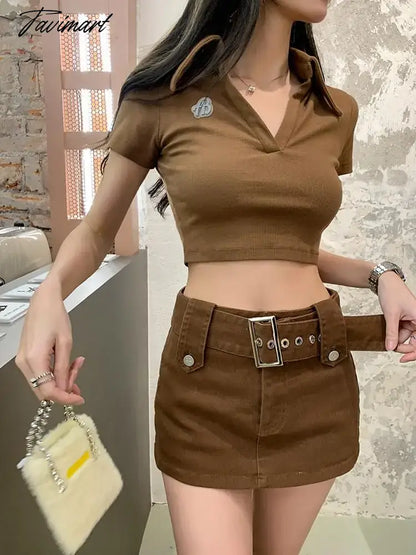 Autumn Brown Sexy Club Trendy Street Pocket Slim Workwear Denim Mini Skirt High Waist A-line Wrapp Hip Short Jean Skirt New