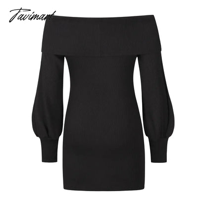 Autumn Female Long Sleeve Sexy Ribbed Knit Mini Bodycon Dresses Women Winter Solid Color Off Sleeve Knitted Short Sheath Dress