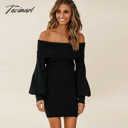 Autumn Female Long Sleeve Sexy Ribbed Knit Mini Bodycon Dresses Women Winter Solid Color Off Sleeve Knitted Short Sheath Dress