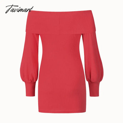 Autumn Female Long Sleeve Sexy Ribbed Knit Mini Bodycon Dresses Women Winter Solid Color Off Sleeve Knitted Short Sheath Dress