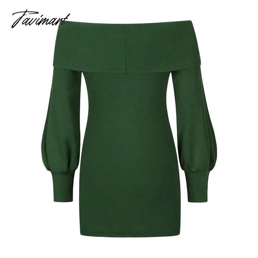 Autumn Female Long Sleeve Sexy Ribbed Knit Mini Bodycon Dresses Women Winter Solid Color Off Sleeve Knitted Short Sheath Dress