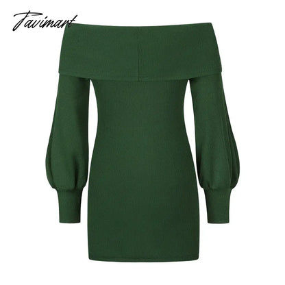 Autumn Female Long Sleeve Sexy Ribbed Knit Mini Bodycon Dresses Women Winter Solid Color Off Sleeve Knitted Short Sheath Dress