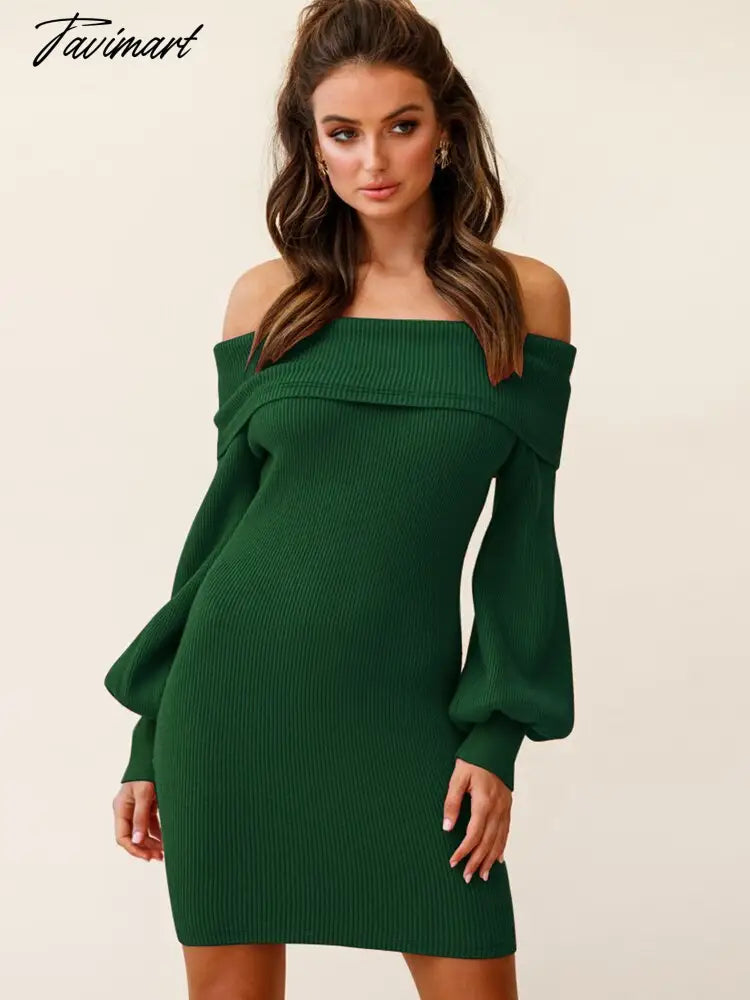 Autumn Female Long Sleeve Sexy Ribbed Knit Mini Bodycon Dresses Women Winter Solid Color Off Sleeve Knitted Short Sheath Dress