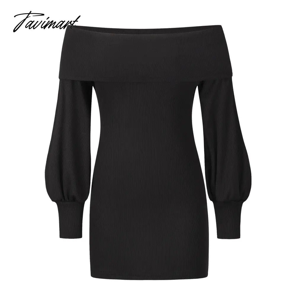Autumn Female Long Sleeve Sexy Ribbed Knit Mini Bodycon Dresses Women Winter Solid Color Off Sleeve Knitted Short Sheath Dress