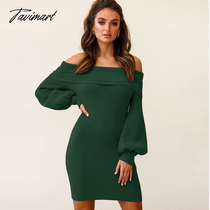 Autumn Female Long Sleeve Sexy Ribbed Knit Mini Bodycon Dresses Women Winter Solid Color Off Sleeve Knitted Short Sheath Dress